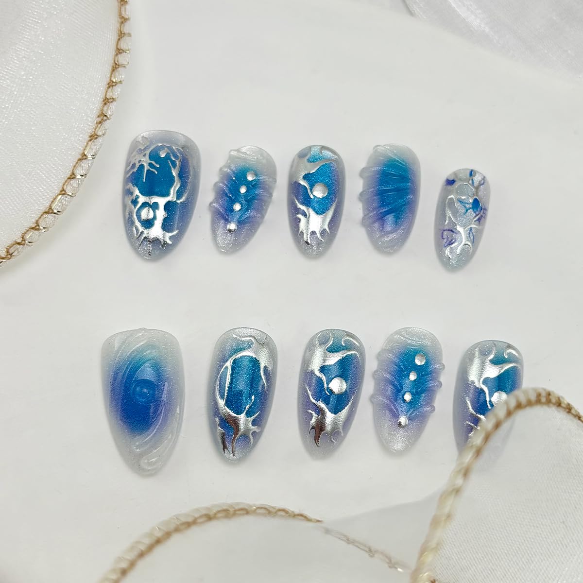 30Pcs Blue Almond Press on Nails Medium Fake Nails 3D Sliver Irregular Design Chrome False Nails Punk Sliver Acrylic Nails Full Cover Reusable Y2k Nails Glossy Blue Stick on Nails for Women