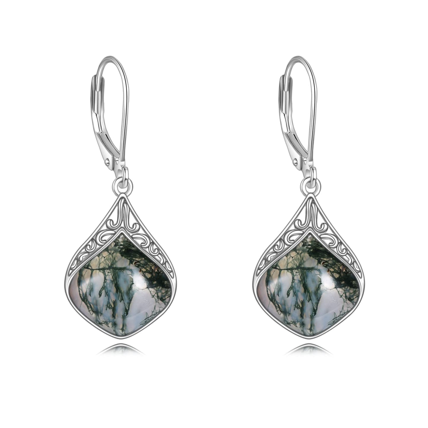 Moss Agate Earrings Sterling Silver Filigree Irish Celtic Teardrop Seaweed Agate Drop Earrings Jewelry Christmas Gifts For Women