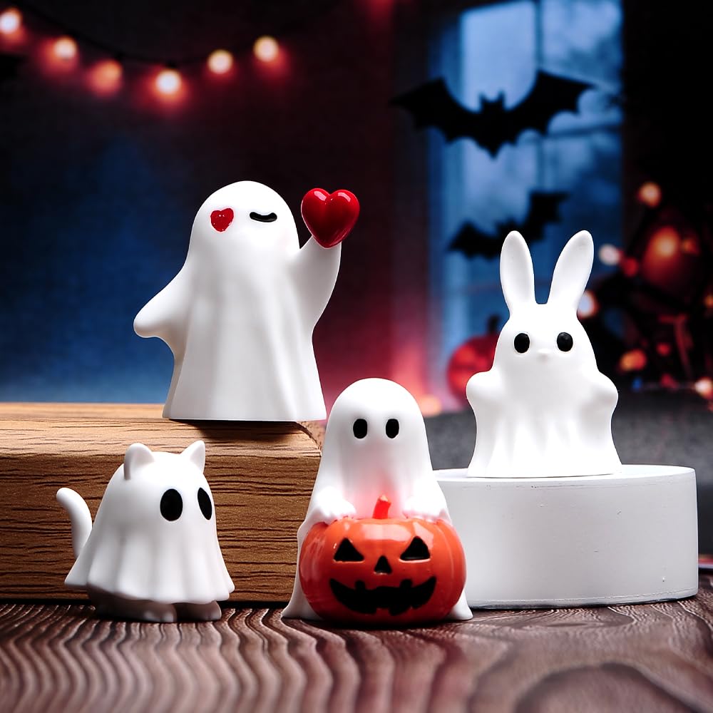 jaming 4PCS Ghost Halloween Desk Decor Mini Figurines,Adorably Spooky Pumpkin Ghosts Home Tabletop Shelf Decorations,Display Statues Party Favors Gift
