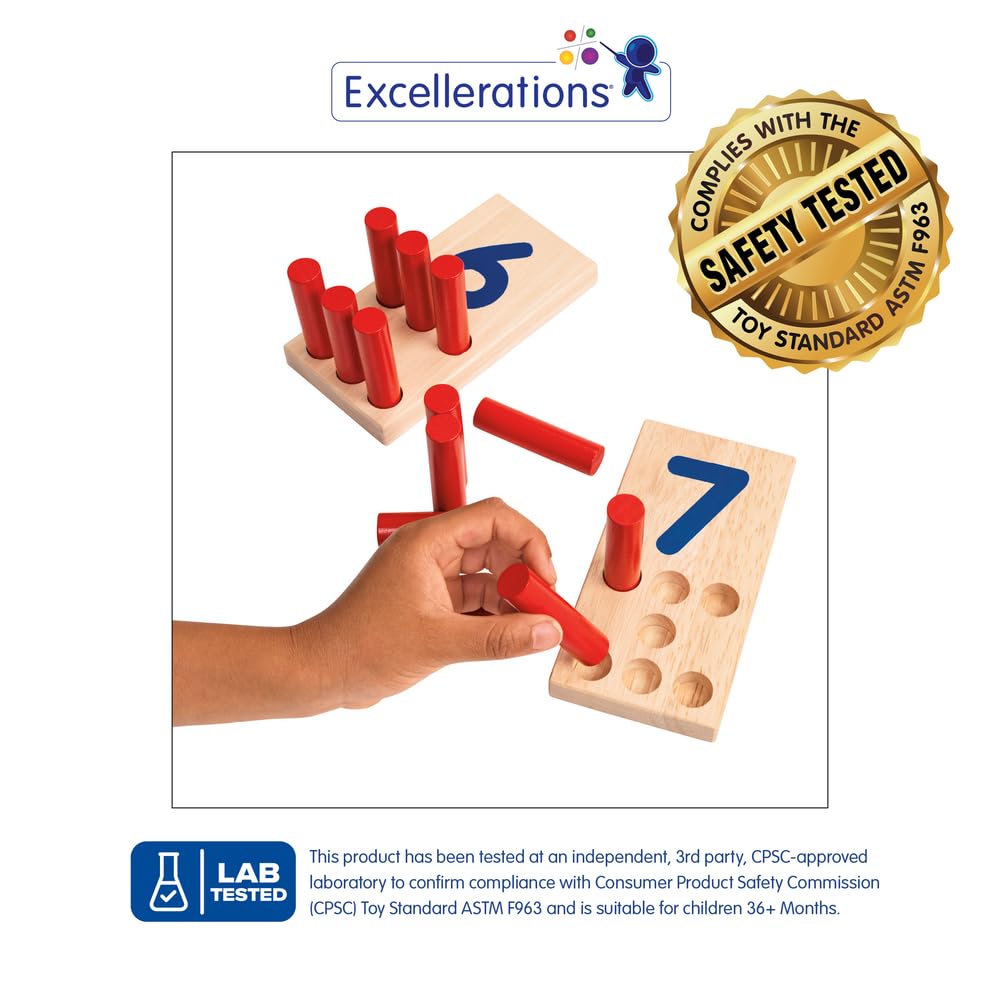 Excellerations Peg Number Board, Included: 10 Rubberwood Boards + 55 Wood Pegs + Storage Bag, Montessori Math Materials, Learning Manipulatives, Counting for Kids, Reggio Emilia Classroom Essentials