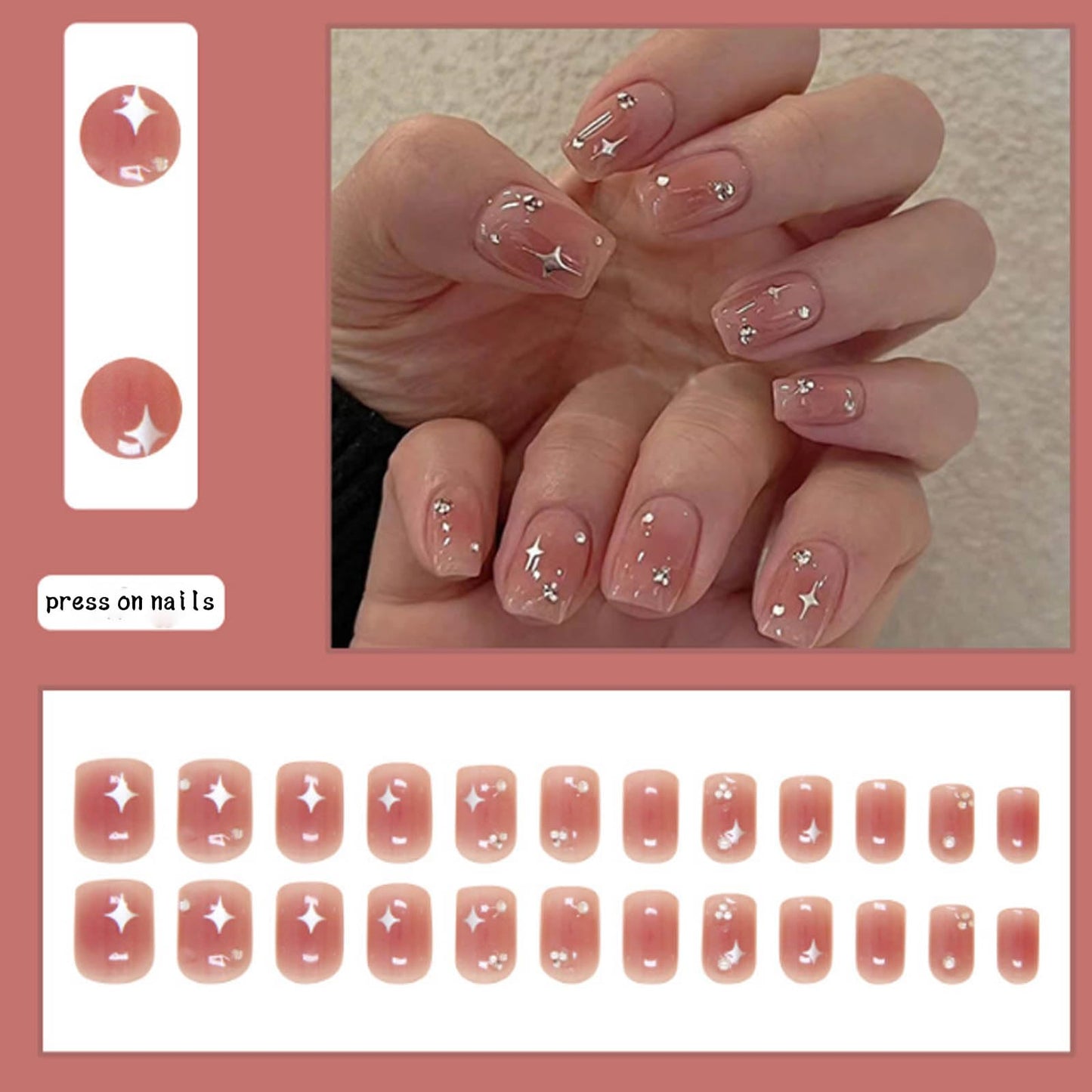 Hkanlre Short Press on Nails Pink Cute Fake Nails Tips Full Cover Square False Crystal Nails for Women 24PCS