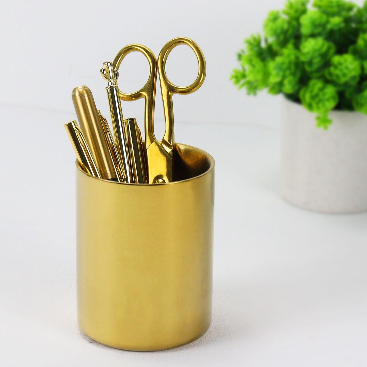MultiBey 2 Pcs Gold Desk Organizer Set, Luxury Paper Clip Holder & Pencil Holder Cup for Office Supplies, Metal Makeup Brush Holder, Decorative Desktop Accessories (Gold)