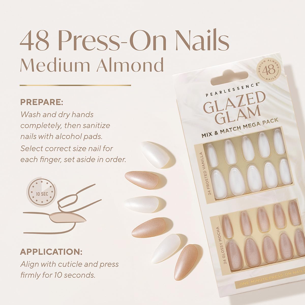 Pearlessence 48pc Glazed Glam Med Oval Press On Nails Mega Pack | Frosted Vanilla & Glossy Mocha | Medium Almond Shape