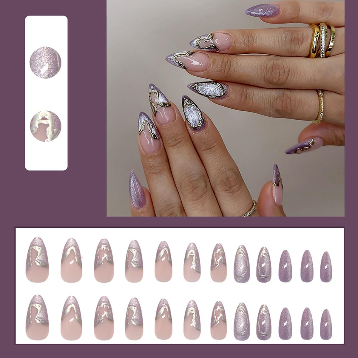 Purple French Tip Press on Nails Medium Almond, 3D Silver Irregular Border Fake Nails with Glue, Glitter Stick on Nails Full Cover Nude Glossy False Nails for Women DIY Manicure Decoration, 24PCS
