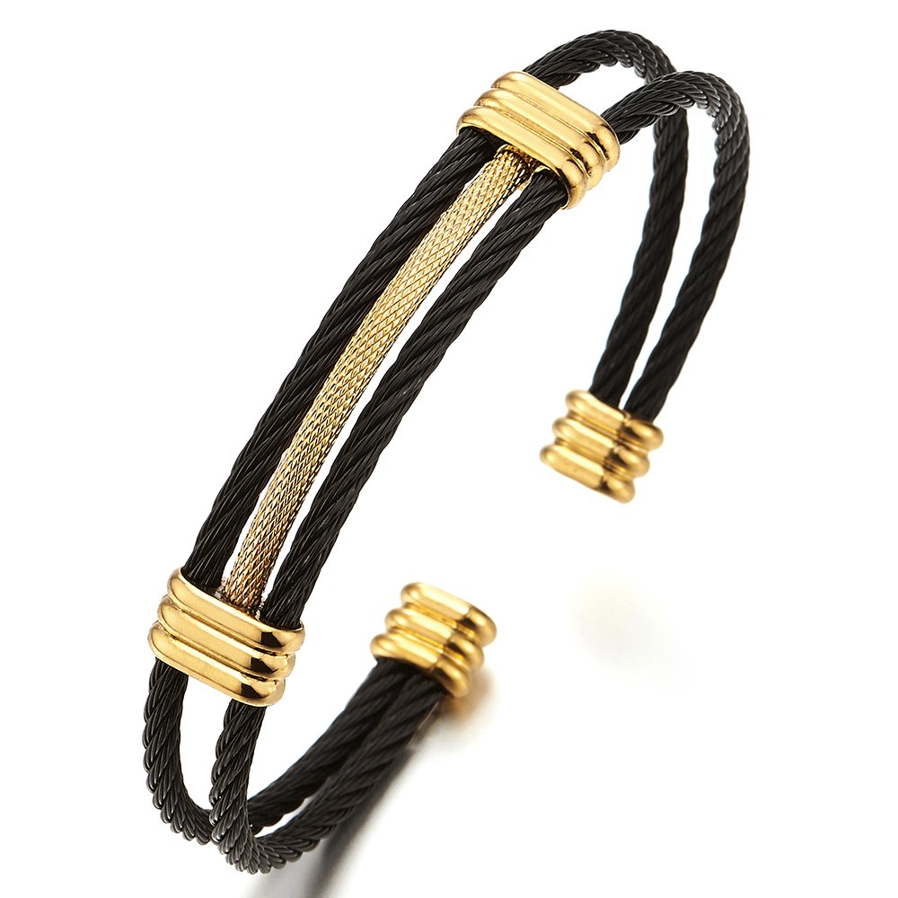 COOLSTEELANDBEYOND Mens Black and Gold Stainless Steel Cable Bracelet with Bar Detail, Open Cuff Bangle Industrial Rope Wire Jewelry
