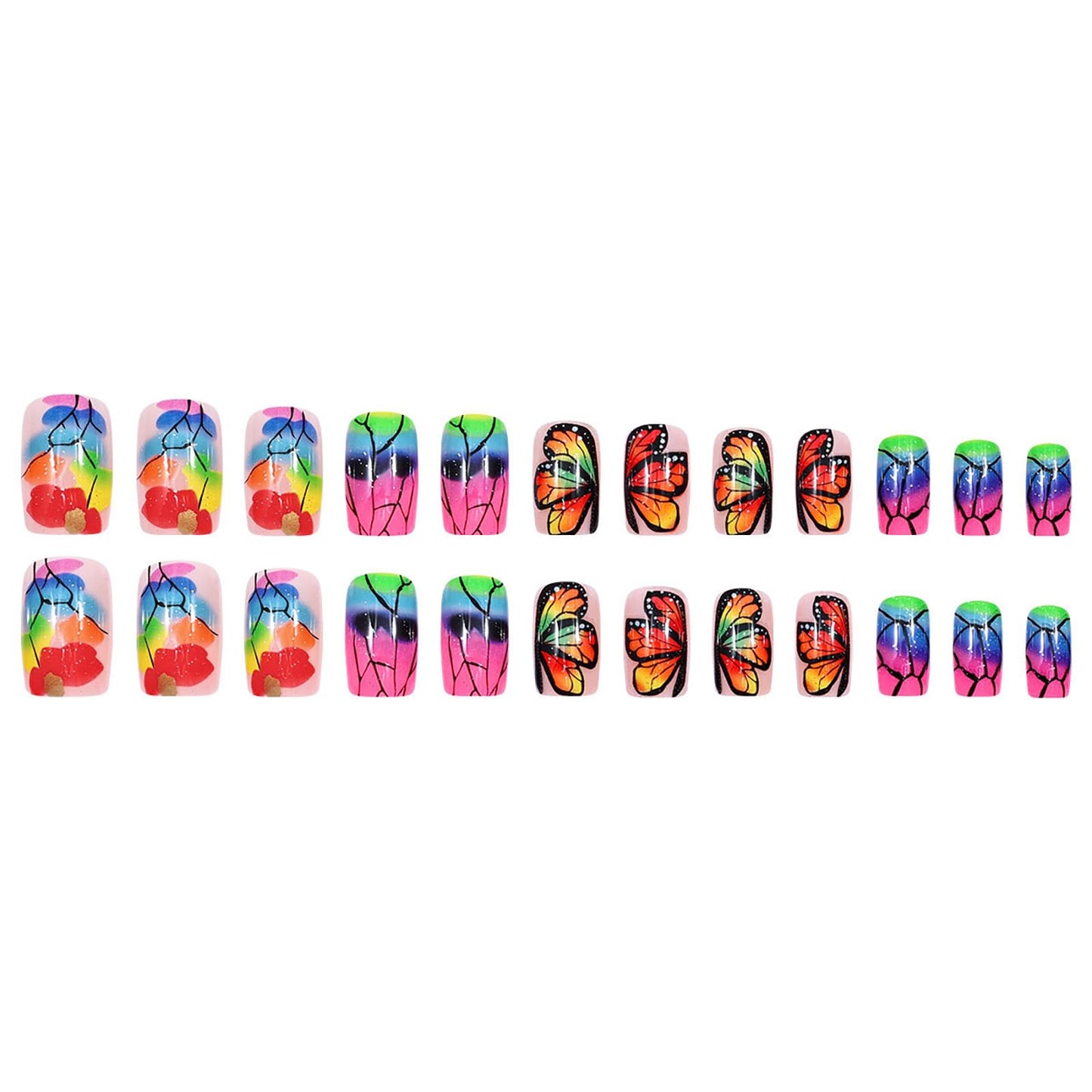 RUOKEXIN Fall Press on Nails Medium Length Fake Nails Square False Nails with Butterfly Designs Sparkly Artificial Nails Full Cover Nail Press ons for Women 24Pcs