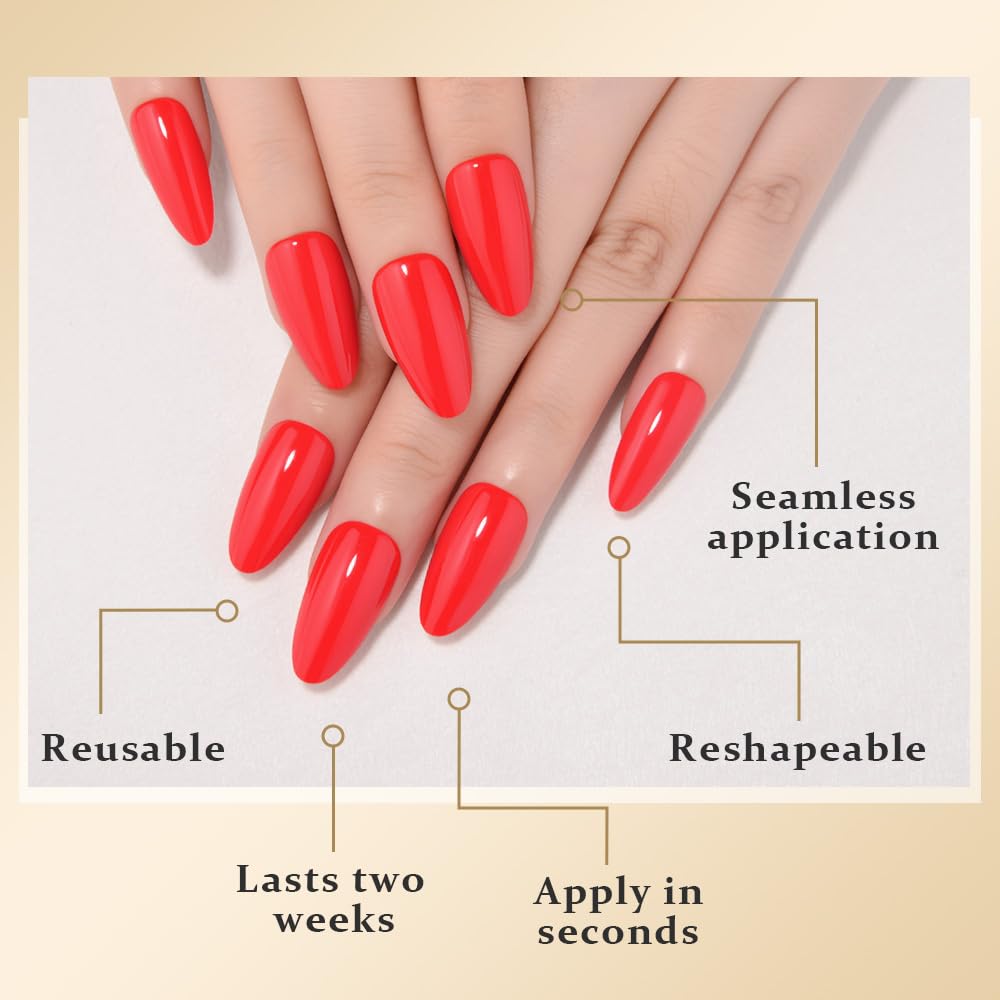 evpct Bright Red Medium Almond Glossy Press on Nails for Women Gift, Glossy Bright Red Fake Nail with Kits Manicure Kit, Soft Gel Full Cover Reusable Stick on Soft Acrylic False Nails Perfectly Fit