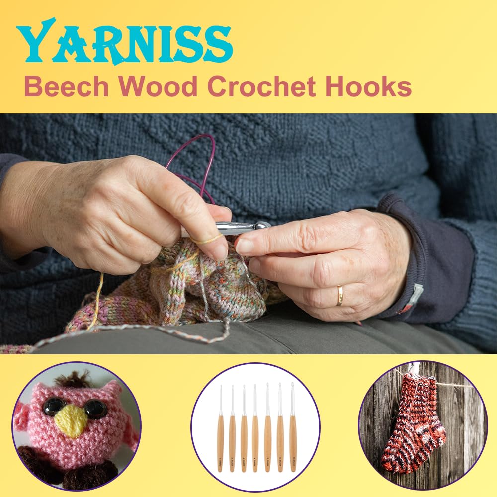 Yarniss Beech Wood Crochet Hooks Set with Case,Ergonomic Handle Crochet Hooks Set 3.0mm~6.0mm