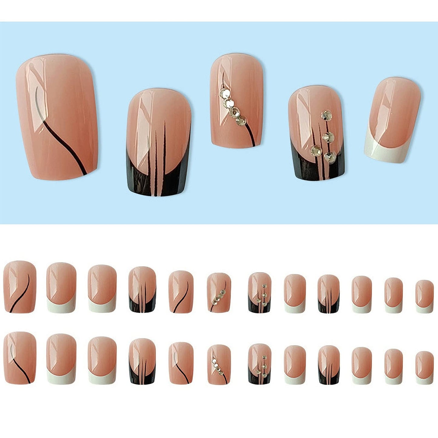 24 Pcs Square French Press on Nails Medium Fake Nails French Line Glue on Nails with Rhinestone Designs Full Cover False Nails Black White Nail Tips for Women Girls