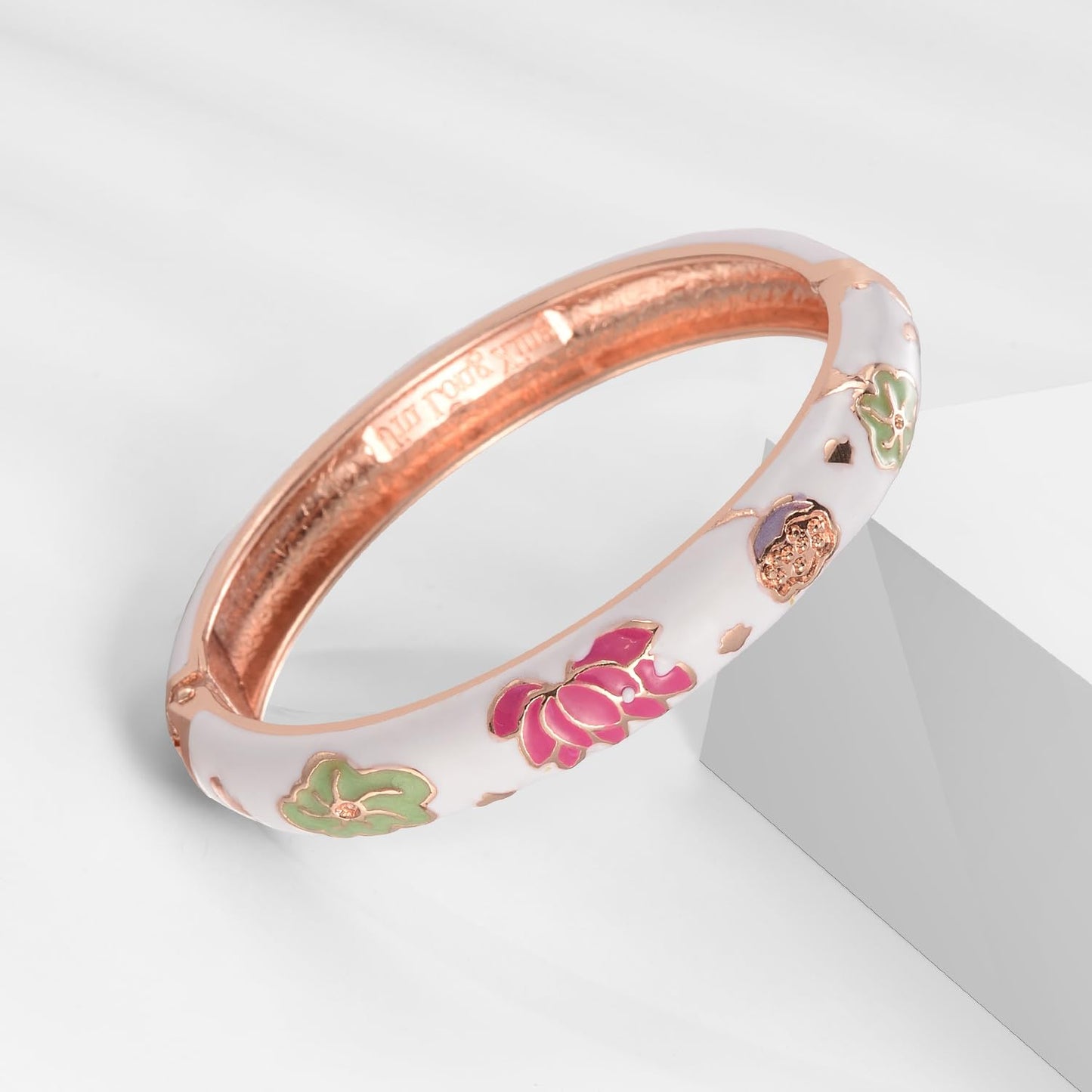 UJOY Vintage Cloisonne Jewelry Bracelet Plated Handmade Bead Rhinestones Enamel Spring Cuff Bangles 2 Pcs Set for Womens Gift 7735-55A35 Pink White