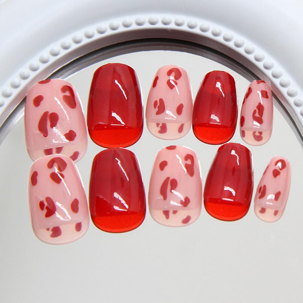 RUPOFUZA Press on Nails Spring Square Short Fake Nails Red Leopard Print False Nails Glossy Red Glue on Nails Acrylic Artificial Nails Extra Short Glue on Nails for Women 24Pcs