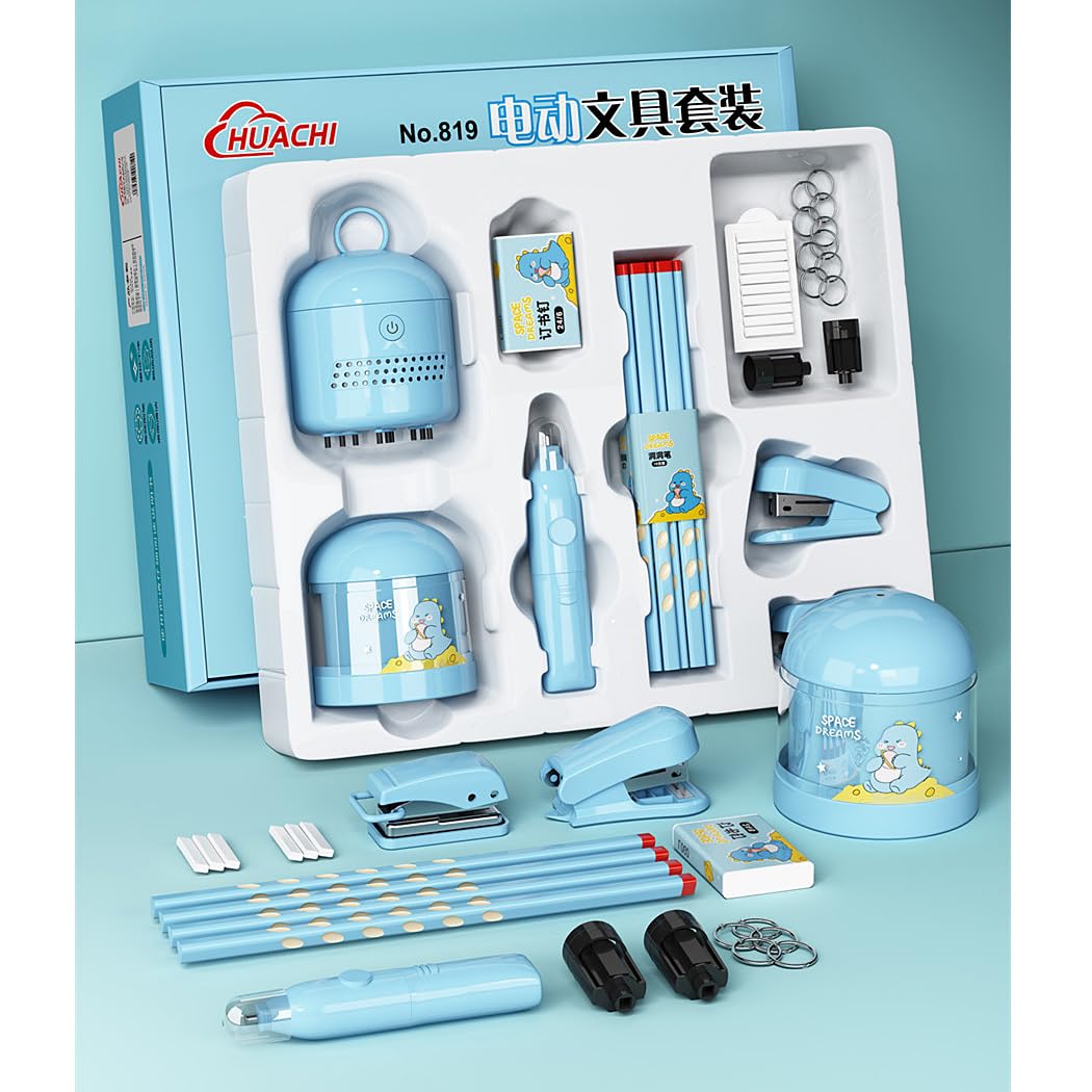 SIPLIV Electric Stationery Gift Box Set Electric Pencil Sharpener Desktop Vacuum Electric Eraser with Replacement Blade and Eraser Refills 10 PCS Stationery Kit - Blue Unicorn