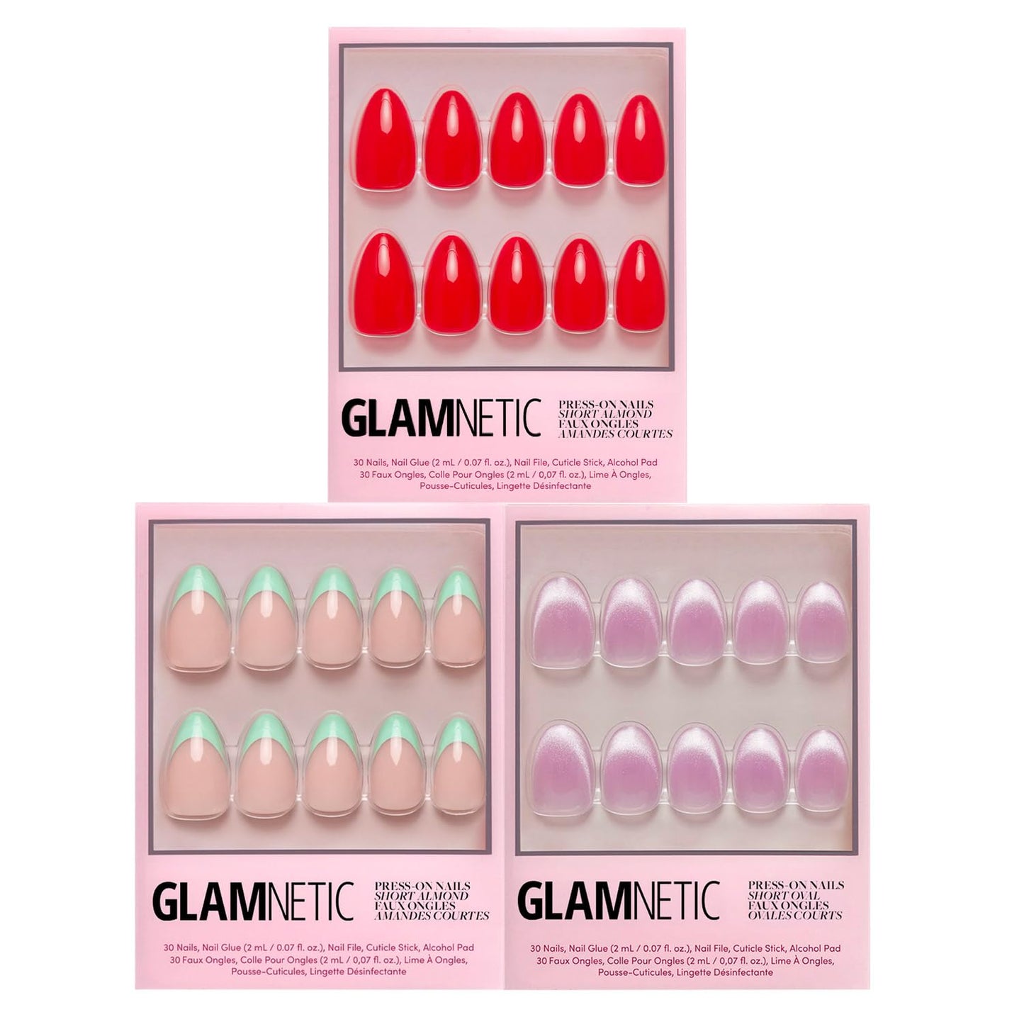 Glamnetic Press-On Nails Bundle - Pistachio Crème, Fairy Dust & Fiery Red | Short Almond Mint Blue French Tips with a Glossy Finish | Short Oval Beige-Pink False Nails with a Metallic Finish | Bright