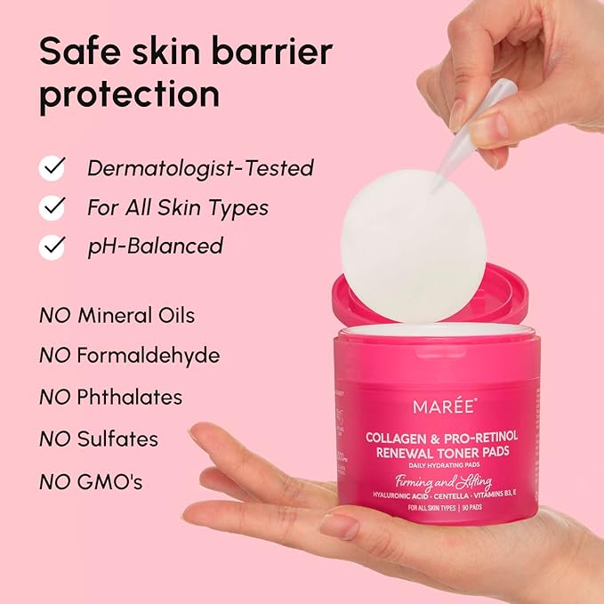MAREE Collagen Toner Polishes - Toner Pad with Retinol - Minimizing Wrinkle Zero Pore Pads - Hydrating Toning Collagen Ampoule Pad with Retinol & Centella - Anti Aging Brightening Wipes