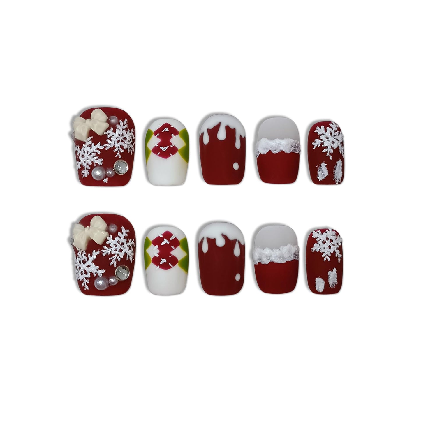 TENPAL Squoval Press on Nails -Acrylic Red Velvet Matte with Pearl Plaid & Snowfall Design | Handmade Winter Elegant Fake Nails with Tools | Christmas Party Gift Set(S)