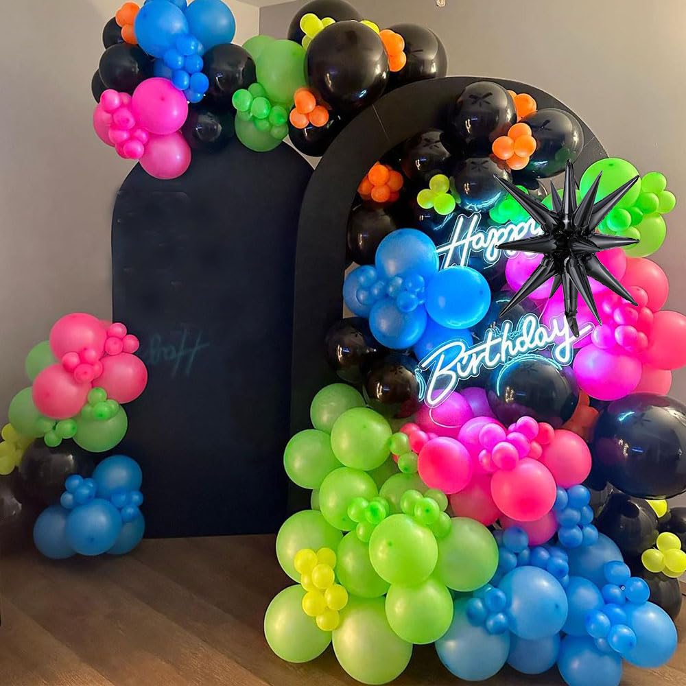 Glow in the Dark Balloon Arch Garland Kit-165Pcs UV Neon Rainbow Luminous Fluorescent Balloons-Let's Glow Birthday Party Back to 80s 90s Disco Rock Roll Party Decorations