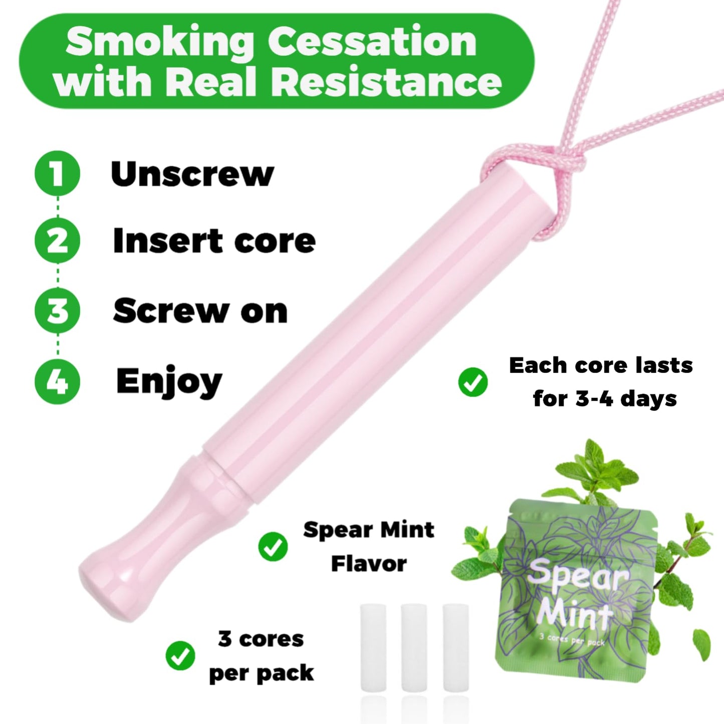 LAMKHOO Breathing Necklace to Quit Smoking and Vaping with Refillable Mint Pods, Stop Smoking Aids Fidget Necklace, Smokeless Inhaler for Adults with Enameled Surface, Includes 3 Mint Cotton Cores
