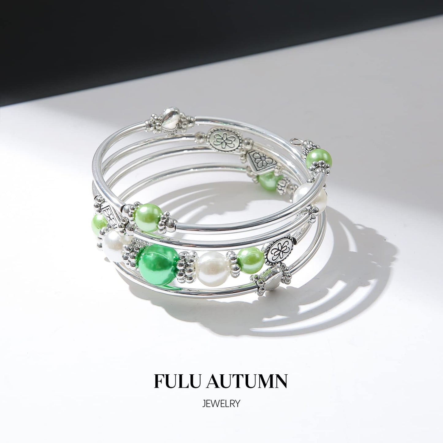 FULU AUTUMN Beaded Pearl Bangle Bracelets for Women Silver Wrap Bangles Bracelet Womens Costume Jewelry Fashion Gift(18-Green)