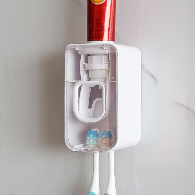 2 Slot Toothbrush Holder and Toothpaste Dispenser Wall Mounted, Automatic Toothpaste Squeezer, 2 in 1 Tooth Brush Toothpaste Organizer for Shower (Clear)