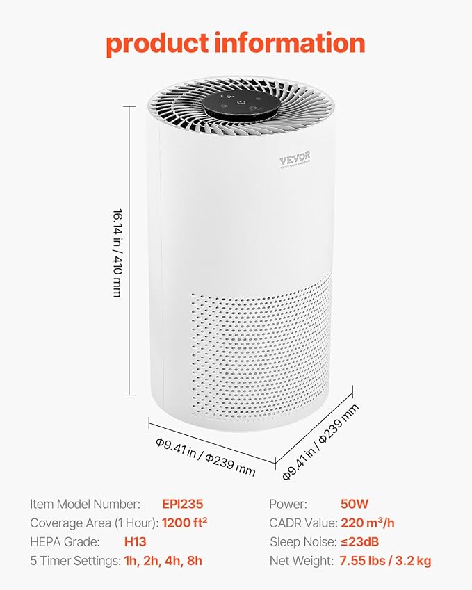 VEVOR Air Purifier for Bedroom Home, H13 HEPA Layer, 1200 ft²/h Smart Air Purifier with Speed Control & Child Lock Guard, Efficient Air Cleaner with Convenient Touch Panel & 23 dB Sleep Mode