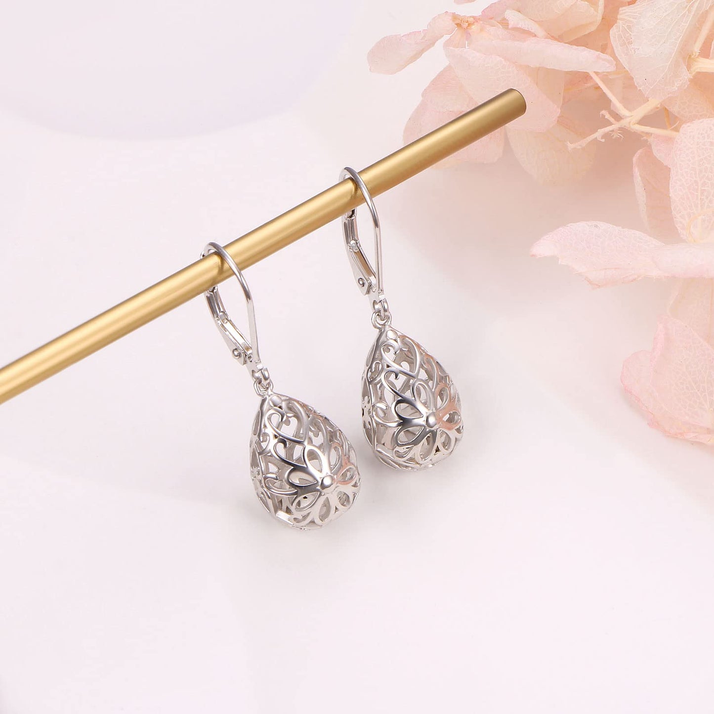 SHAOAN 925 Sterling Silver Filigree Dangle Drop Earrings Flower Daisy Leverback Teardrop Earrings for Women Jewelry for Mother’s Day