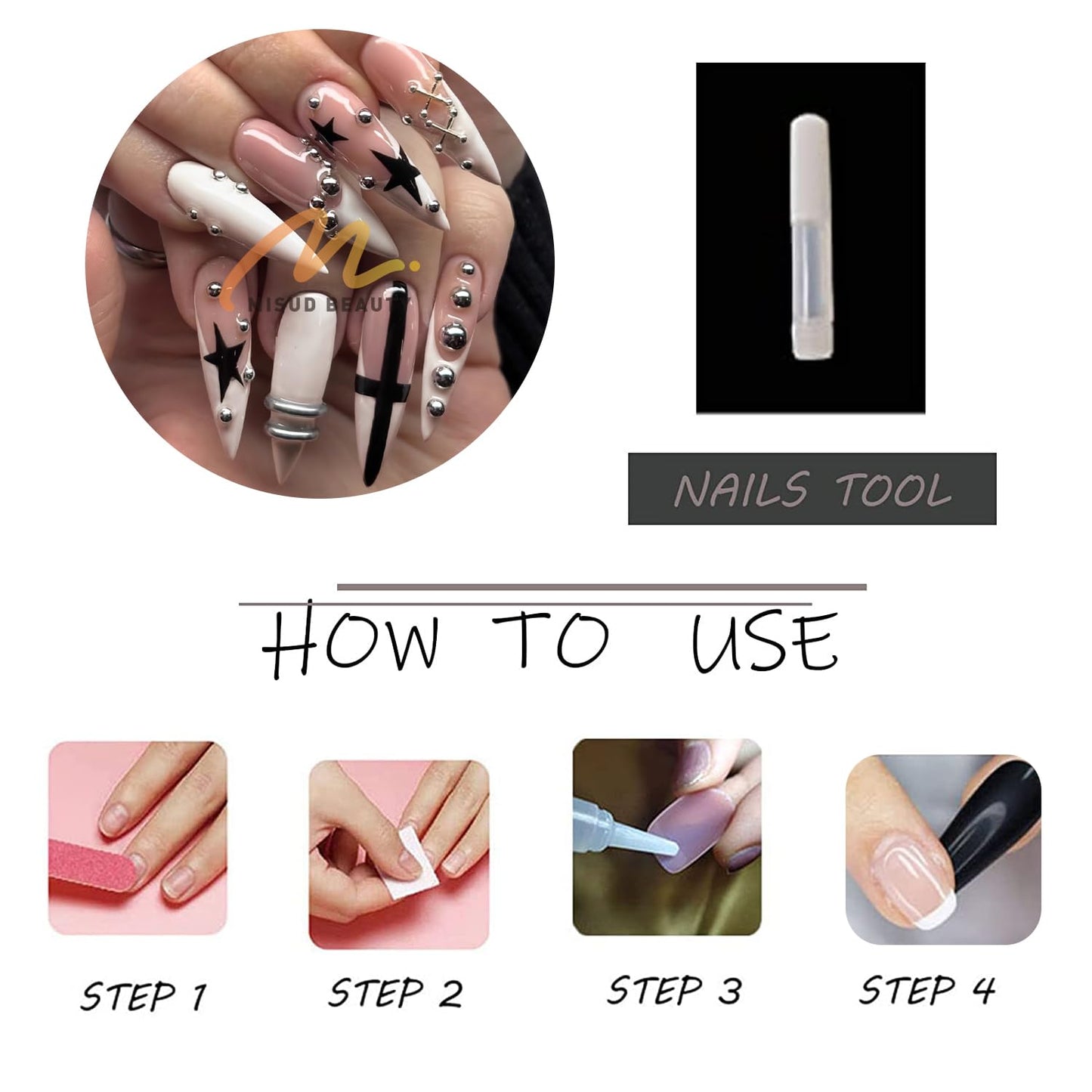 MISUD Press on Nails - Long Stiletto Fake Nails with White French Tip, Acrylic Goth Y2K Star Charms Design 24 pcs