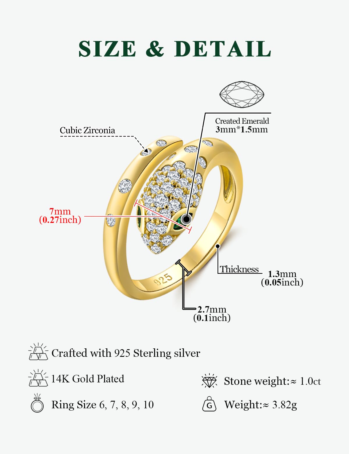 RANDES 14K Gold Plated Snake Ring 925 Sterling Silver Created Emerald Diamond Statement Cocktail Rings for Women Open Gothic Ring Size 7