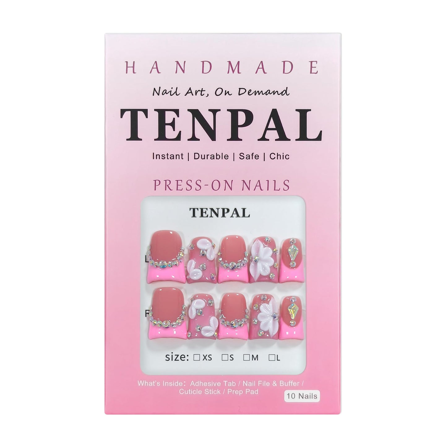 TENPAL Duckbill Shape Handmade Press On Nails Kit,Pink French Floral Nails with 3D Flowers Diamond Designs,Glazed Donut Nude Pink Fake Nails with Tools,Elegant French Tip Duckbill Nails with Gems(L)
