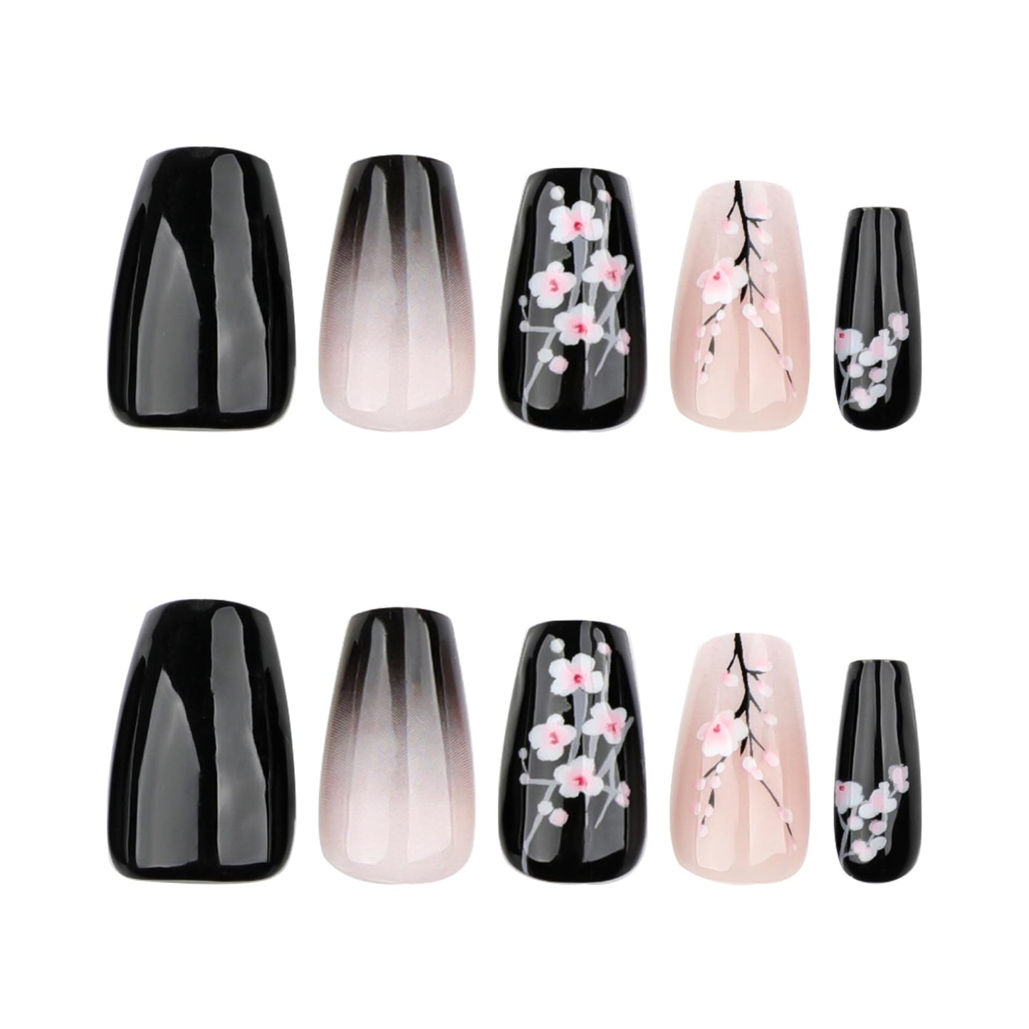 24Pcs Medium Press on Nails Coffin Shaped Fake Nails with Designs Black Gradient Nails Press ons Full Cover Stick on Nails Spring Glue on Nails False Nails for Women Girls Manicure Art