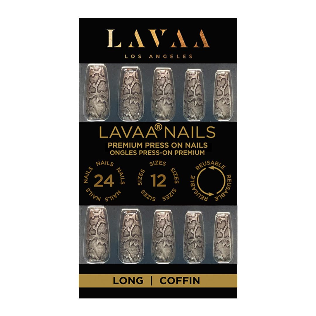 SOCIAL SNAKE Press-On Nails by Lavaa Beauty | Long Coffin | Black Glossy Snakeskin Design Nails