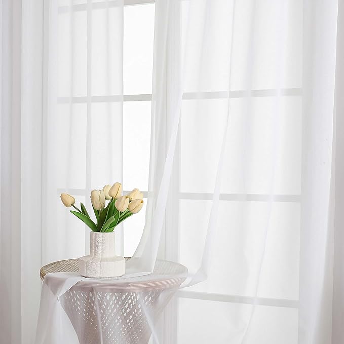 Chyhomenyc White Sheer Curtains 48 Inch Long, Light Filtering Solid Color Bedroom Window Sheer Curtain Panels, Elegant Short Curtains & Drapes for Living Room, 42Wx48L, 2 Panels