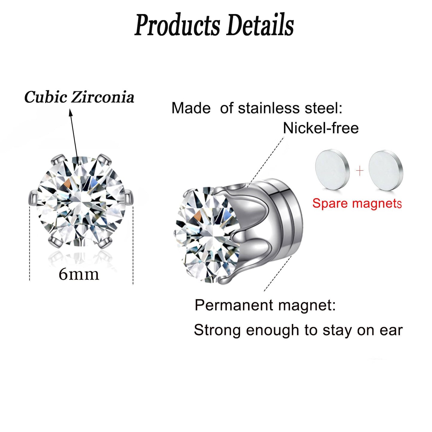 Spiritlele 12 Pairs Colorful Cubic Zirconia Magnetic Earrings Clip on Non Piercing Earrings Set for Women 6MM