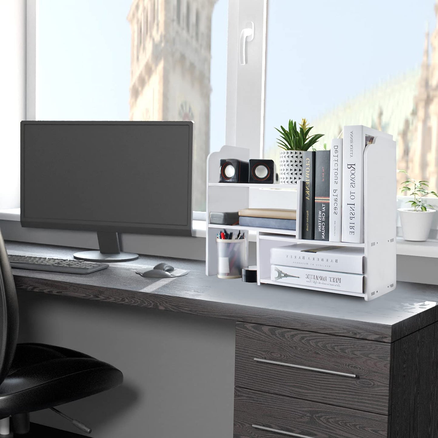 YGYQZ Adjustable PVC Desktop Organizer Storage Rack - White Desk Shelf for Office, Women, Dormitory & Home Decor