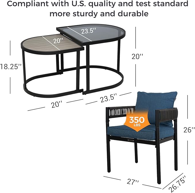 Grand patio 4-Piece Outdoor Conversation Set with 2 Single Chairs and 2 Patio Coffee Tables, Wicker Furniture Set, Peacock Blue