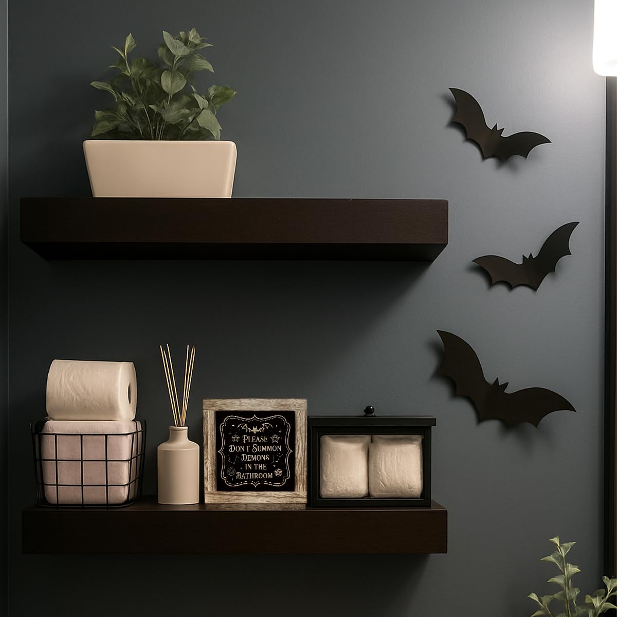 Halloween Gothic Bathroom Decor Please Don't Summon Demons In The Bathroom Wooden Sign Restroom Shelf Home Decoration 5.9x5.9 Inch