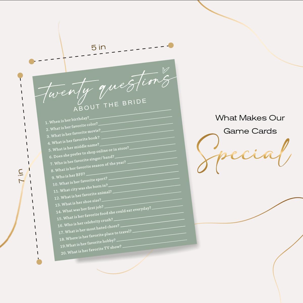 Bridal Shower Games Cards - Twenty Questions About The Bride for 25 Guests, Engagement Party Wedding Game, Minimalist Green Party Supplies - C05