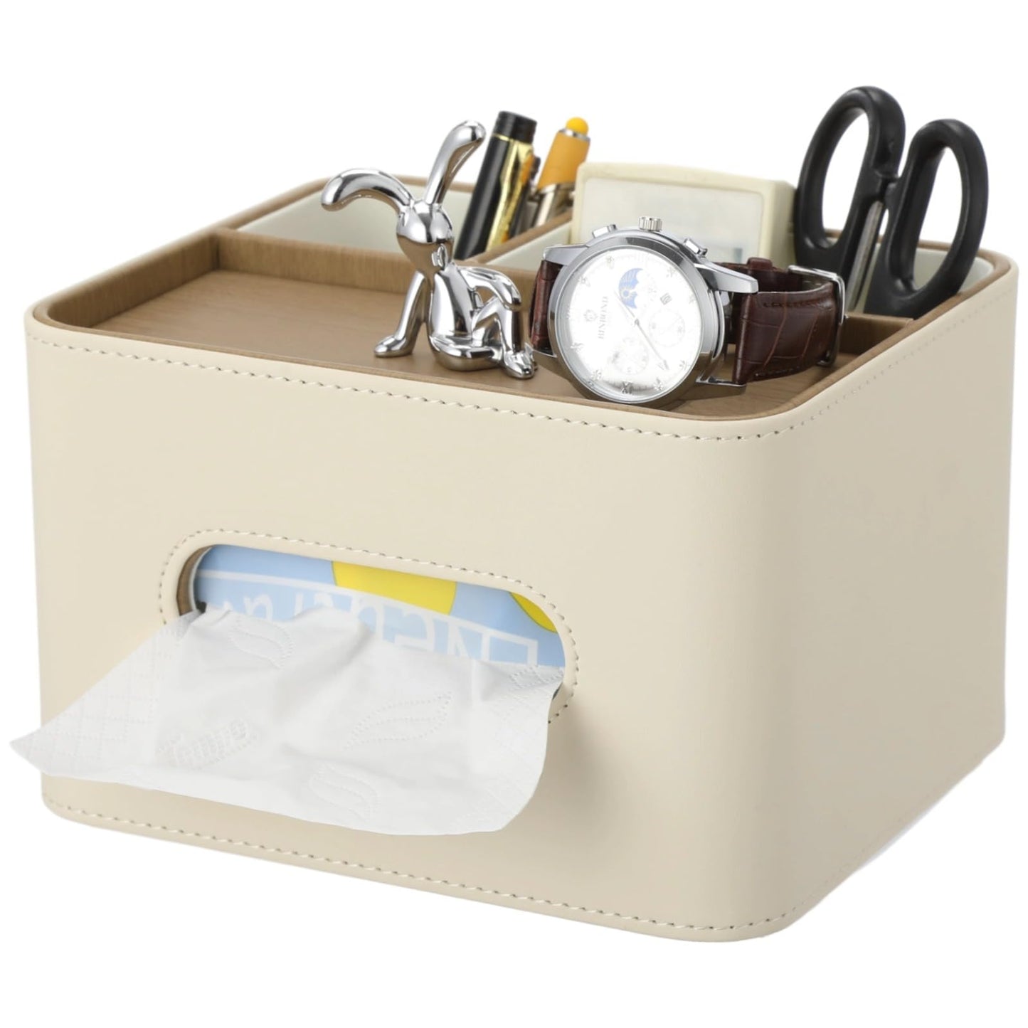 Leather Tissue Box Cover, Tissue Holder with Organizer Compartments, Decorative Desk Remote Holder, Table Storage Caddy for Remote, Glasses, Watch