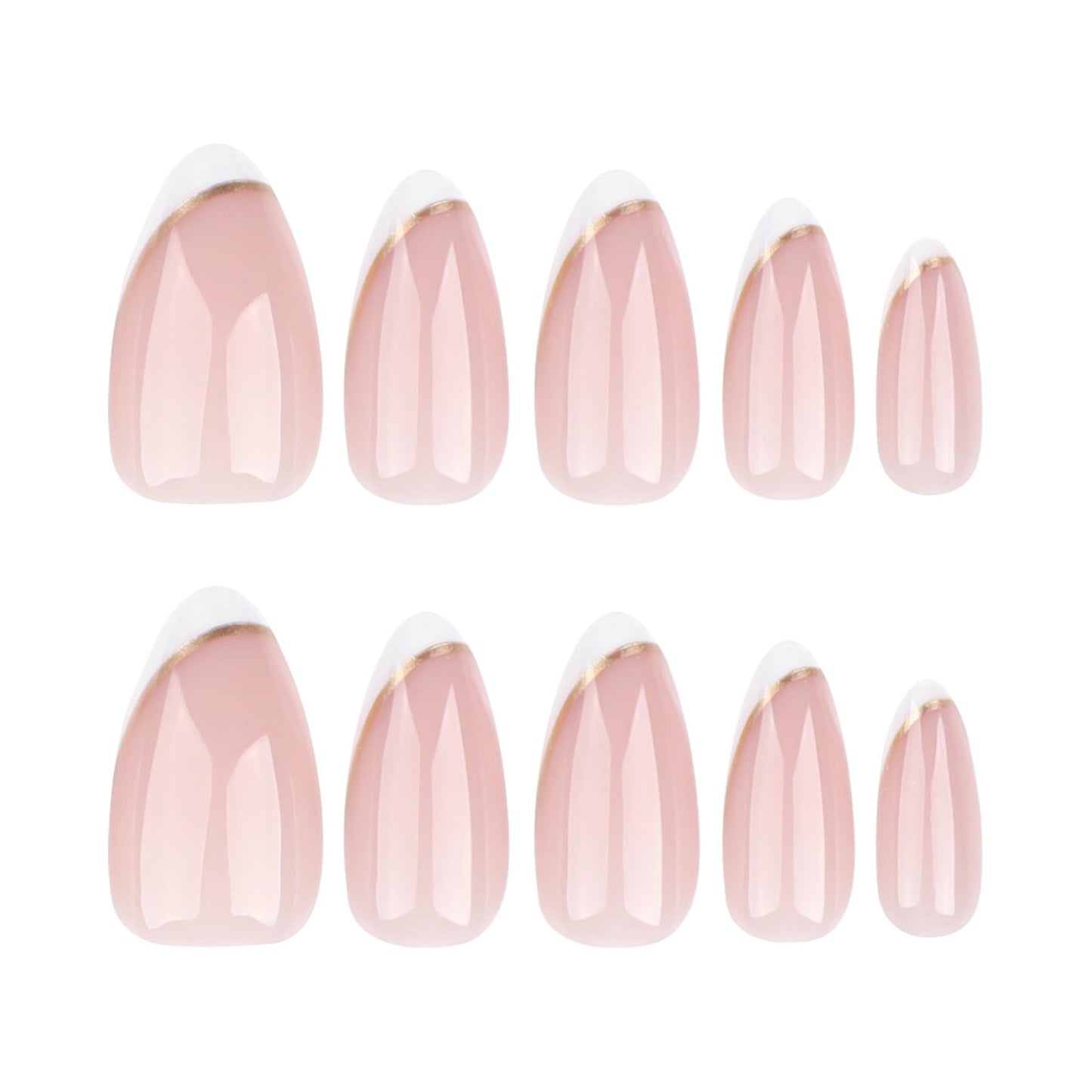 French Tip Press on Nails Almond Fake Nails with Gold Line Design Medium Full Cover Stick on False Nails for Women Manicure 24Pcs