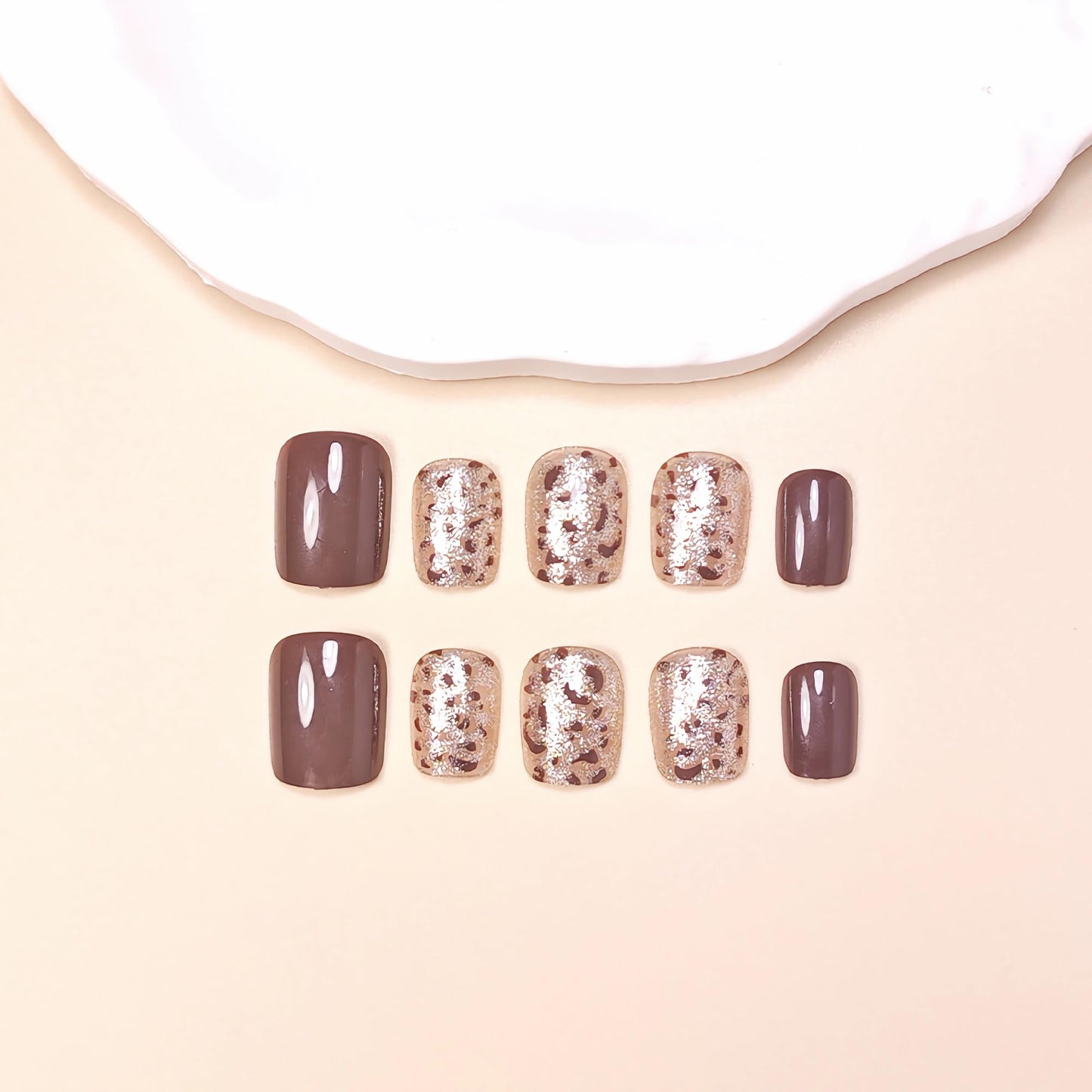 BABALAL Press on Nails Short Fake Nails Square - Brown Fall, Cheetah, Leopard, Acrylic, Glitter Bling, Glossy, 24Pcs Full Cover Artificial False Nails with Glue