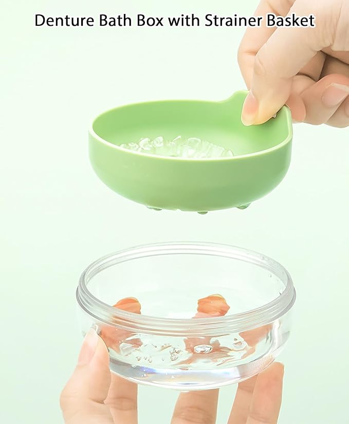 AARAINBOW Retainer Cleaner Case, Leak Proof Denture Bath Box with Strainer Basket, 2 in 1 Denture Case Retainer Storage Soak Container for Travel, Mouth Guard Cleaning Case Denture Cup (C Green)