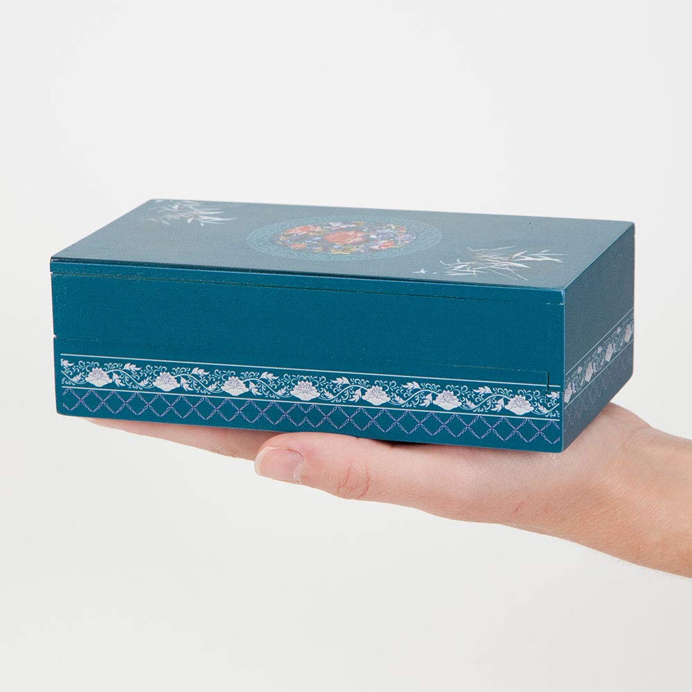 Bits and Pieces 8 Step Secret Puzzle Box Chinese Bamboo Puzzle Gift Box for Trinkets Money Gifts Jewelry, Peony Artwork, Teal Blue Brainteaser, 3.25 x 6.25 x 2 Inches