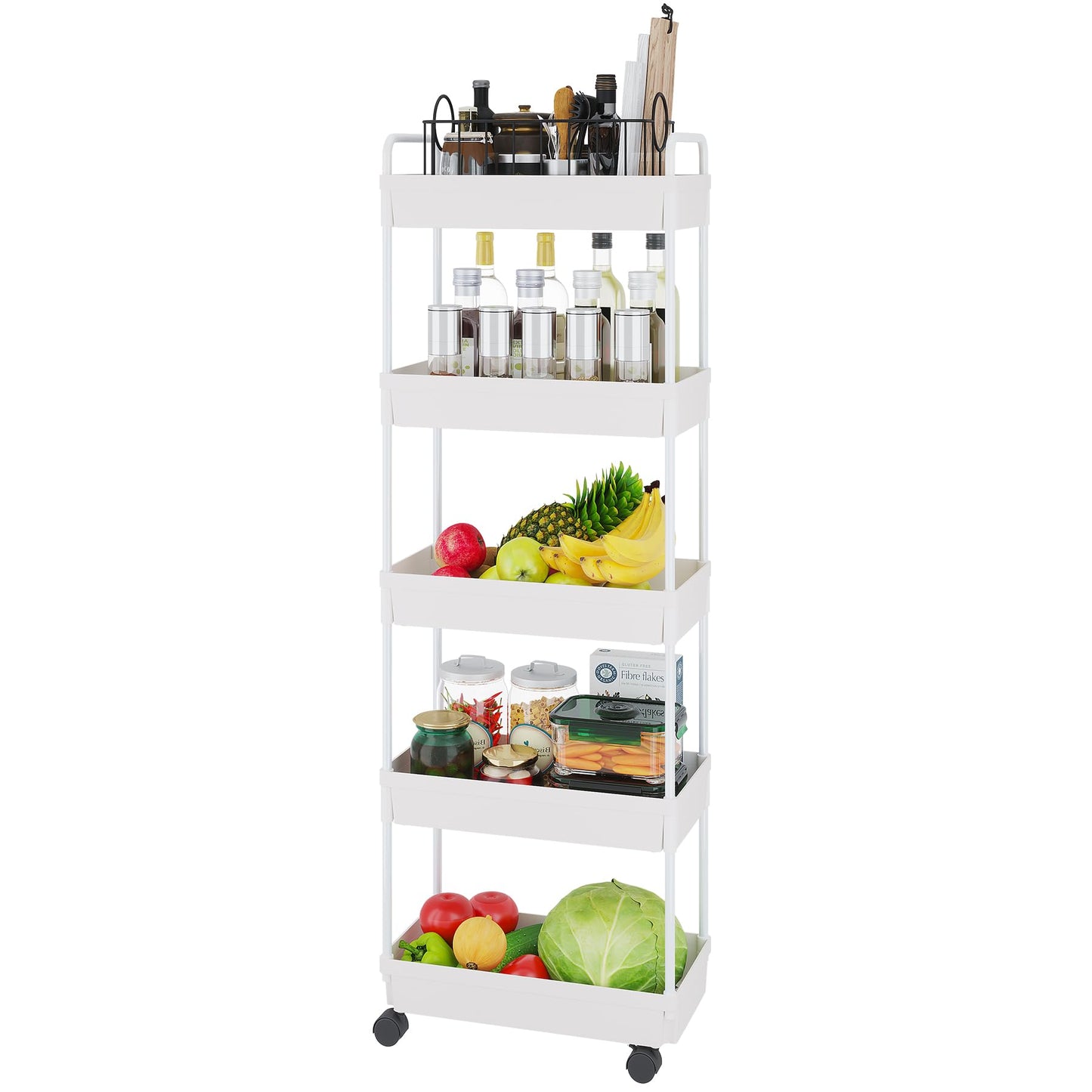 Buzowruil Rolling Storage Cart 5 Tier Organizer Mobile Shelving Unit Storage Rolling Utility Cart with Wheels for Kitchen Bathroom Laundry,White