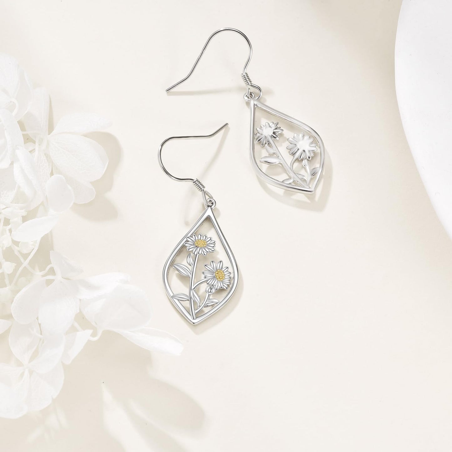 Daisy Earrings 925 Sterling Silver Daisy Flower Floral Dangle Dangling Drop Charm Earrings Boho Jewelry Gifts for Women