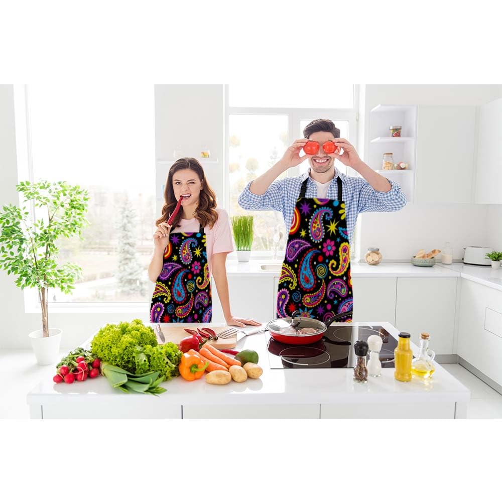 Beabes Flowers Paisley Flower Bib Apron Adjustable Neck Strap Abstract Colorful Circle Beauty Floral Folk Bouquet Pattern Polyester Work Apron Crafting BBQ Drawing Chef Waitress 27" X 31"