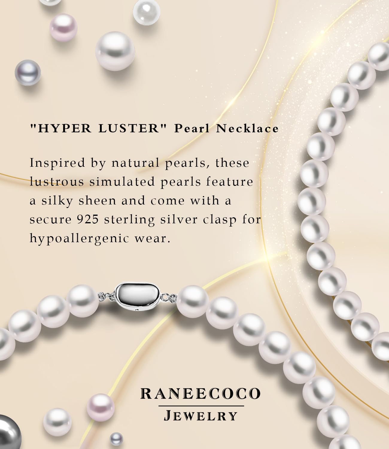 Raneecoco HYPER LUSTER Sterling Silver 8mm White Round Simulated Pearl Necklace for Women | Dainty 18 inch Pearl Choker Necklace | Gift Ready for Wedding