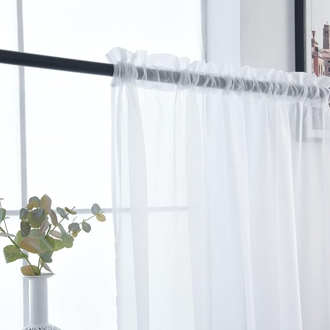 SpaceDresser Basic Rod Pocket Sheer Voile Window Curtain Panels White 1 Pair 2 Panels 60 Width 96 Inch Long for Kitchen Bedroom Children Living Room Yard（White，60Wx 96L）