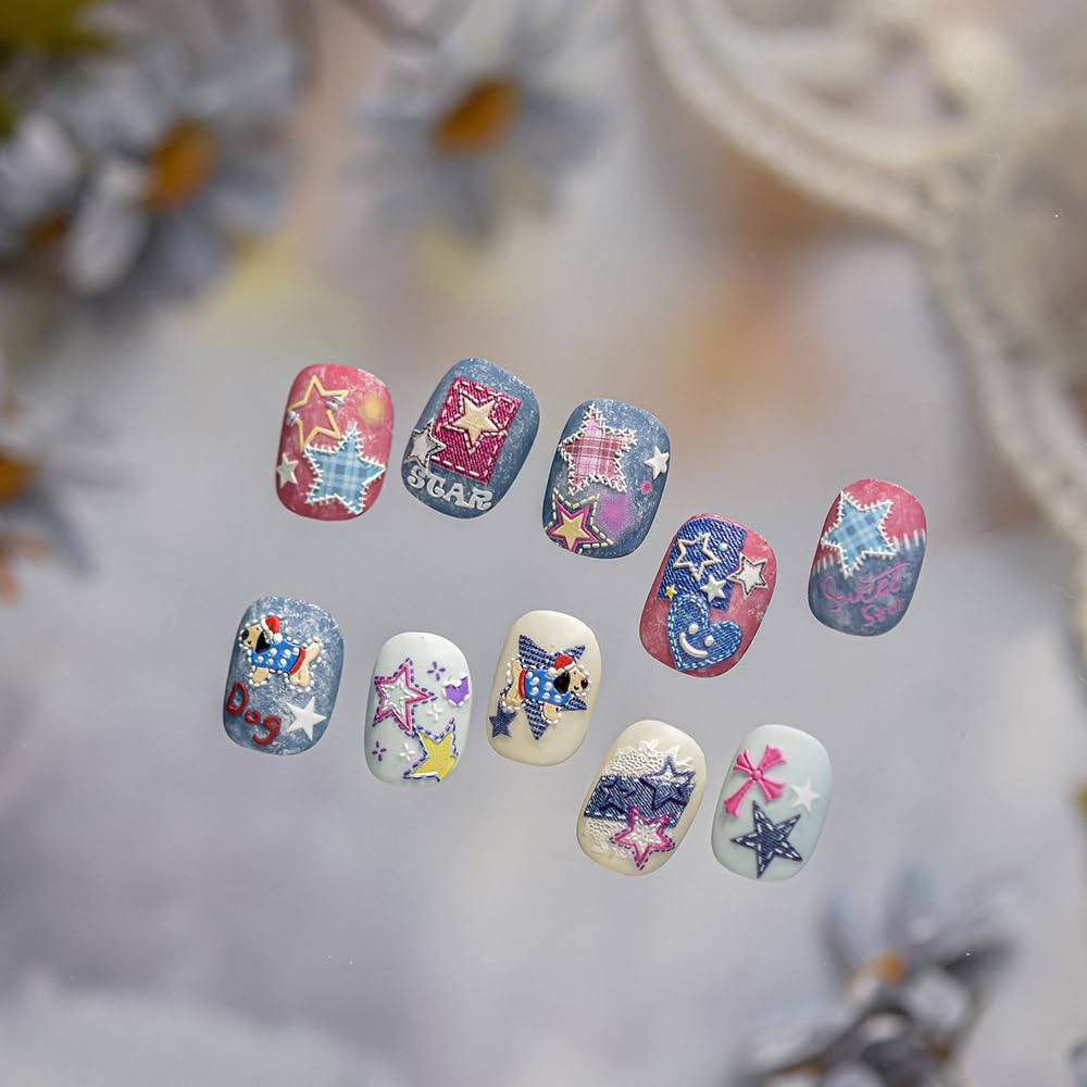 SOFTSOUL 5D Embossed Nail Stickers – Premium Salon-Grade Nail Art Stickers, Self-Adhesive Nail Decals, Long-Lasting, Detailed Textured Designs, Easy DIY Manicure, Home or Salon Use (Y2K Denim Stars)