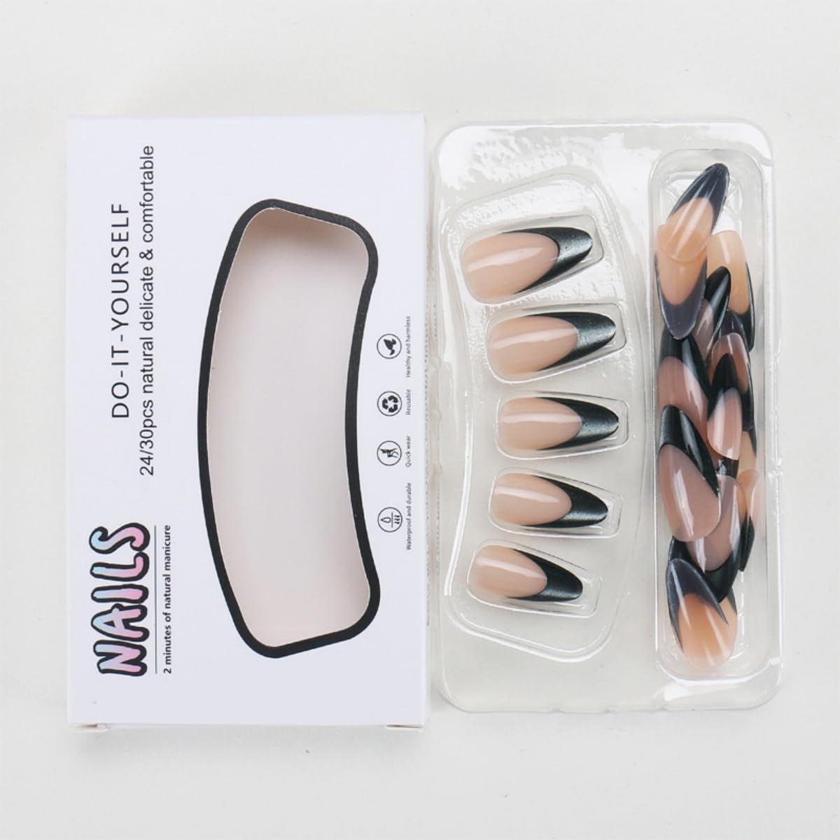 Green French Tip Press on Nails Medium Almond Nude Fake Nails with Glue Reusable Acrylic False Nails Full Cover Glossy Artificial Nails for Women DIY Manicure Decoration 24PCS