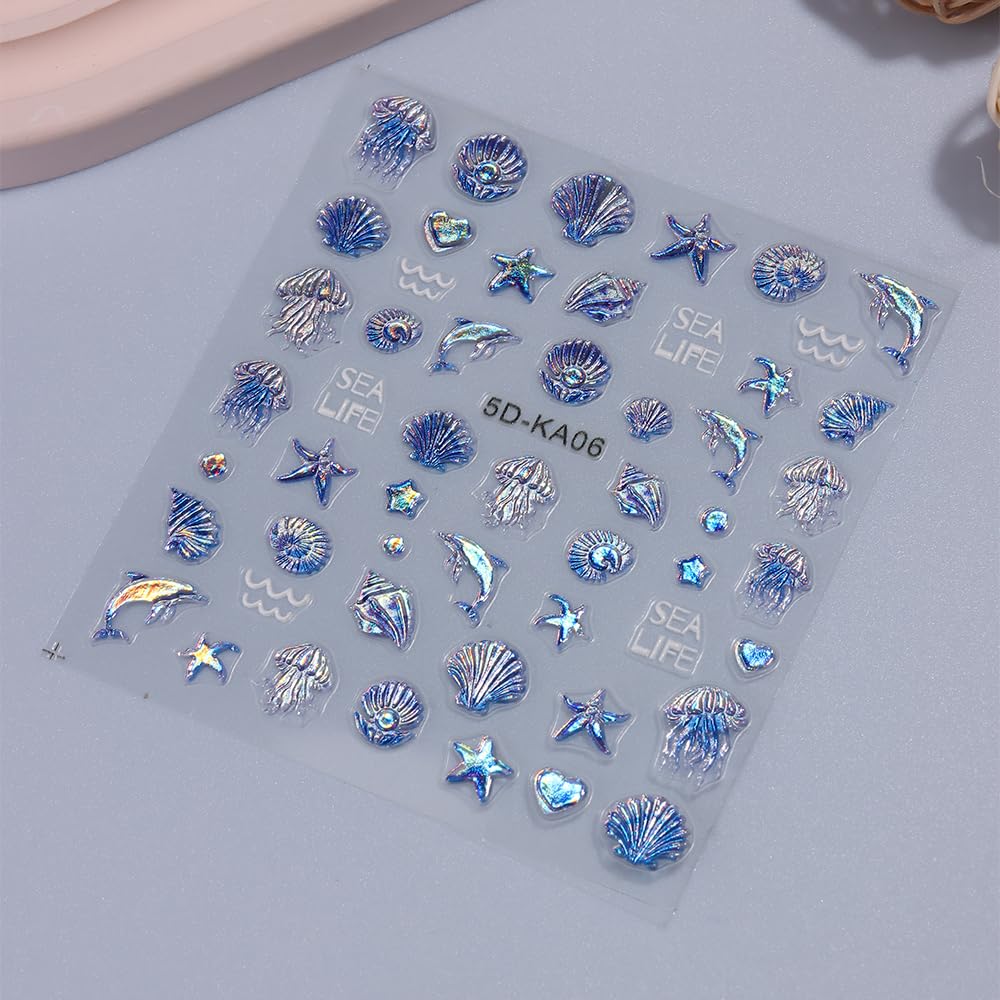 SIMAYKUWA 5D Nail Art Stickers - 3D Shell Octopus Relief Design with Shimmer Glitter for DIY Manicure, Ocean Theme False Nail Decorations A Set of 3 Sheets