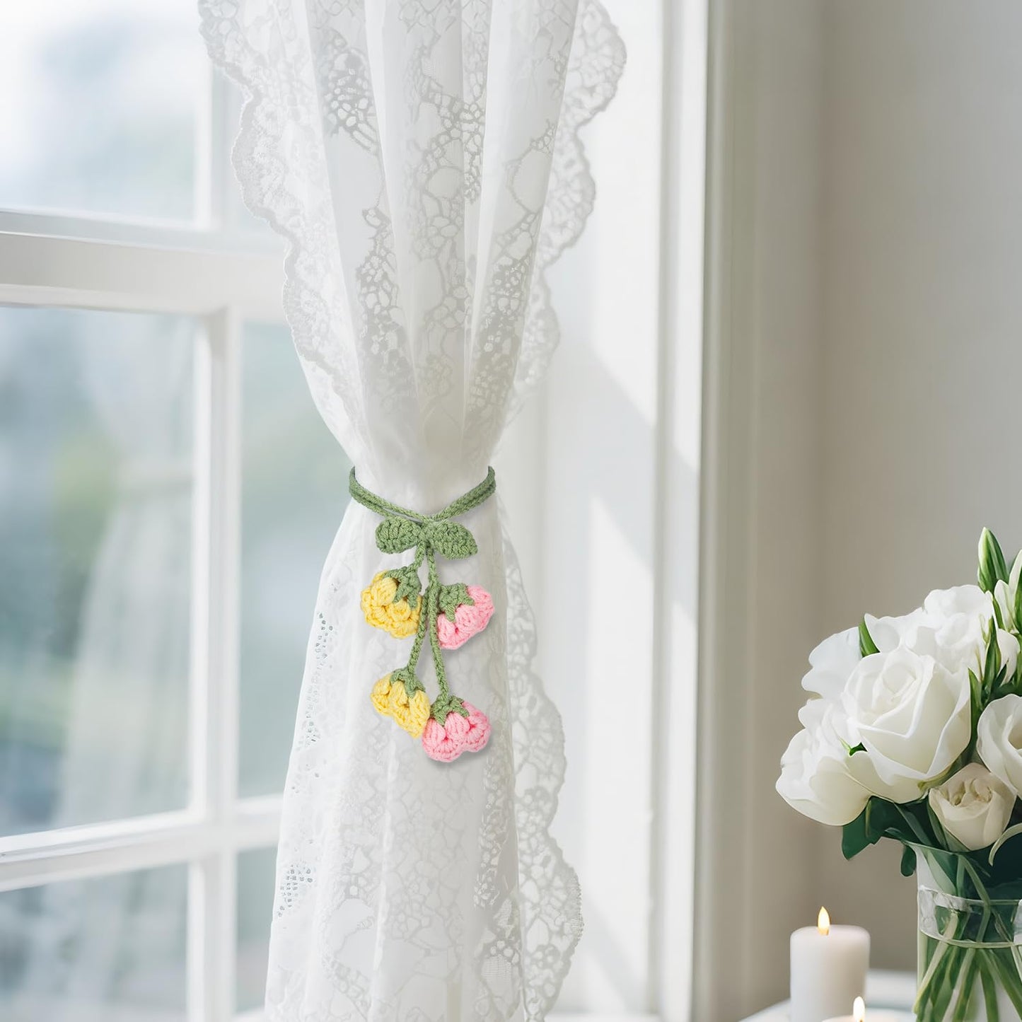 Flower Curtain Tiebacks, 4pcs Lily-of-The-Valley Curtains Holdbacks, Cute Curtain Holdbacks - No Drill Rope Holder, Drape Knitting Handmade for Nursery&Children's Room Decor (Pinkish/Yellow)